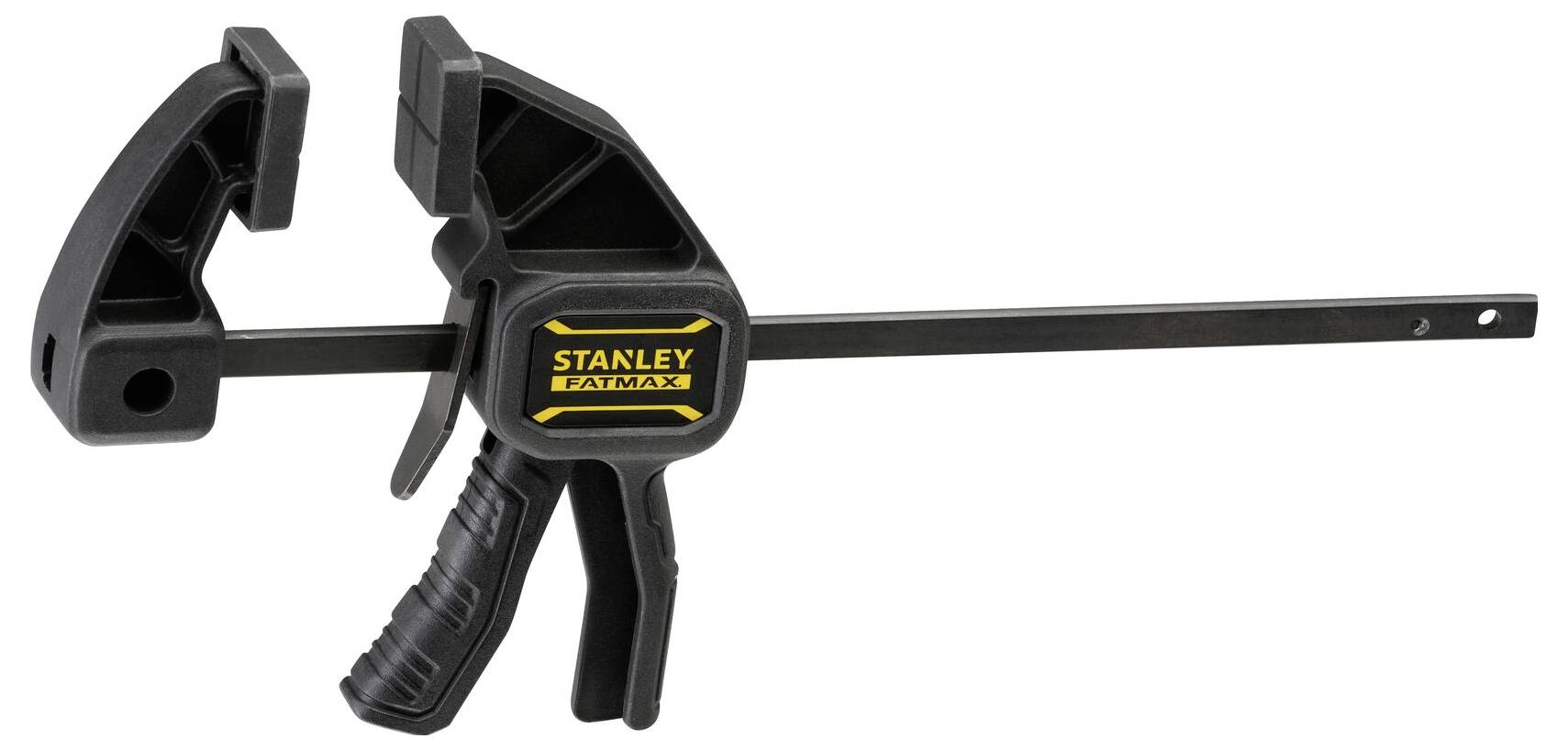 Een zwarte snelspanklem van Stanley Fatmax, met ergonomische handgreep en een stalen stang. Gebruikt voor het vastklemmen van werkstukken.