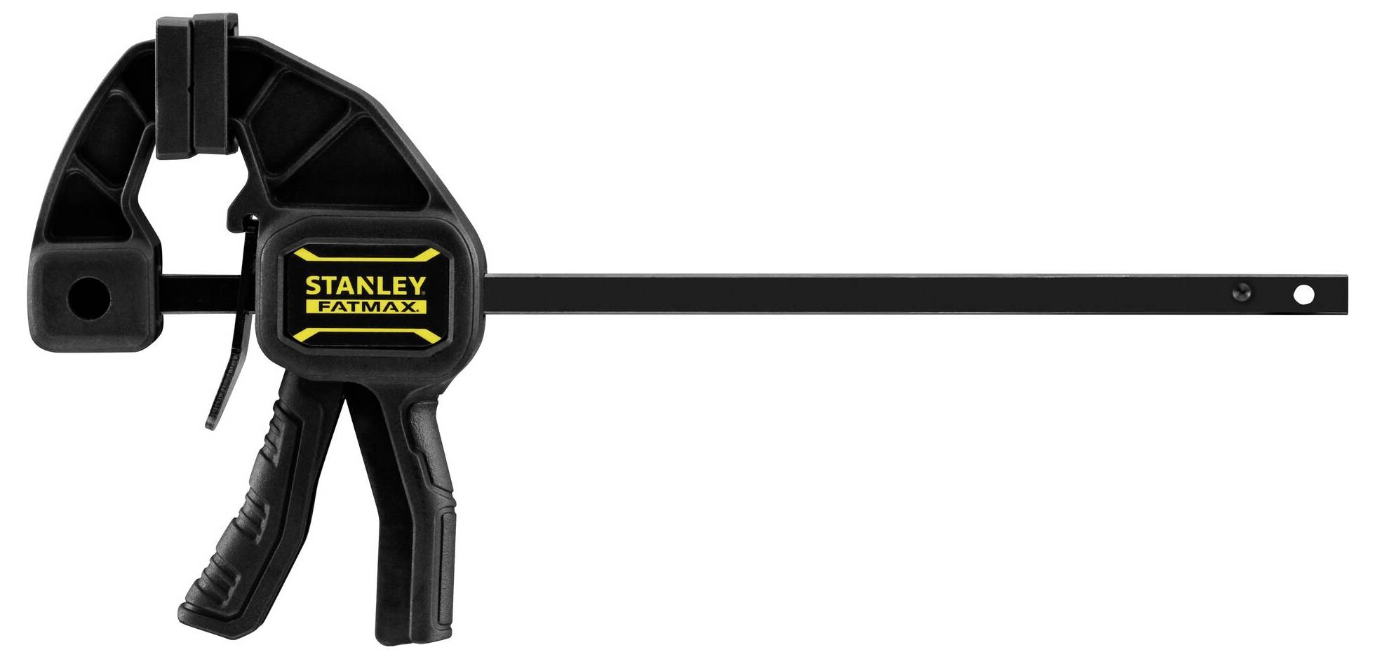 'Stanley FatMax Klemgesp' met geel logo op zwarte achtergrond. Lange, slanke metalen balk voor spanningskracht.