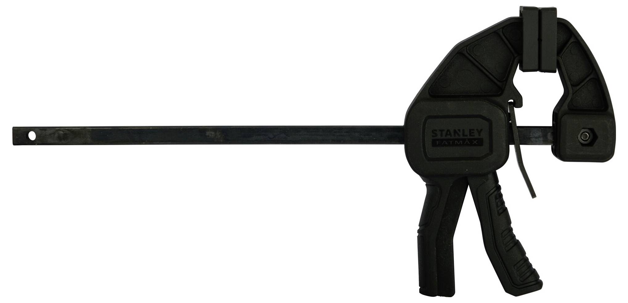 Klem met vergrendelbare handgreep, zwart, gemaakt van metaal en kunststof. Wordt gebruikt voor het vastzetten van werkstukken in werkplaatsomgevingen.