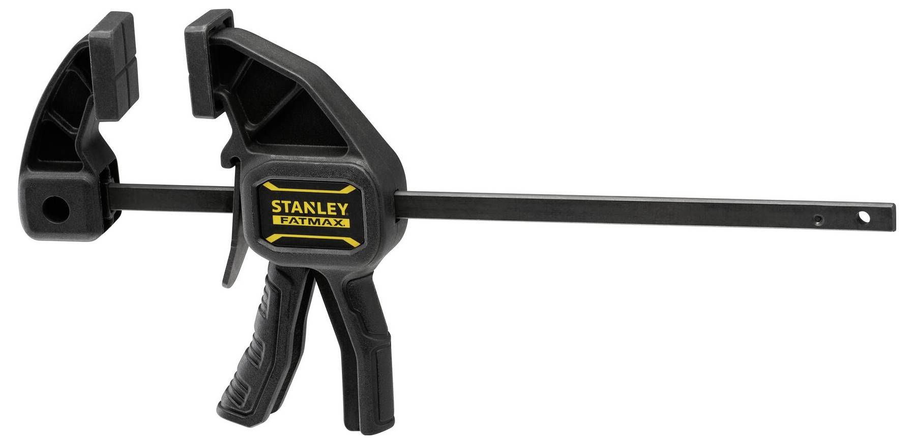 Een zwarte eenhandsklem met geel 'Stanley Fatmax'-logo op de handgreep, geschikt voor het vastklemmen van werkstukken.