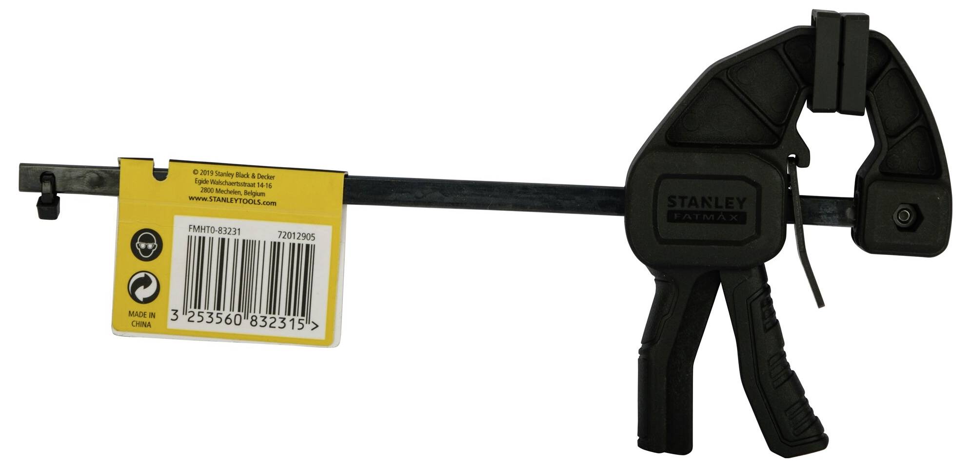 'Stanley' eenhandsklem in zwart, ideaal voor doe-het-zelf projecten. Verpakking met productinformatie en streepjescode.