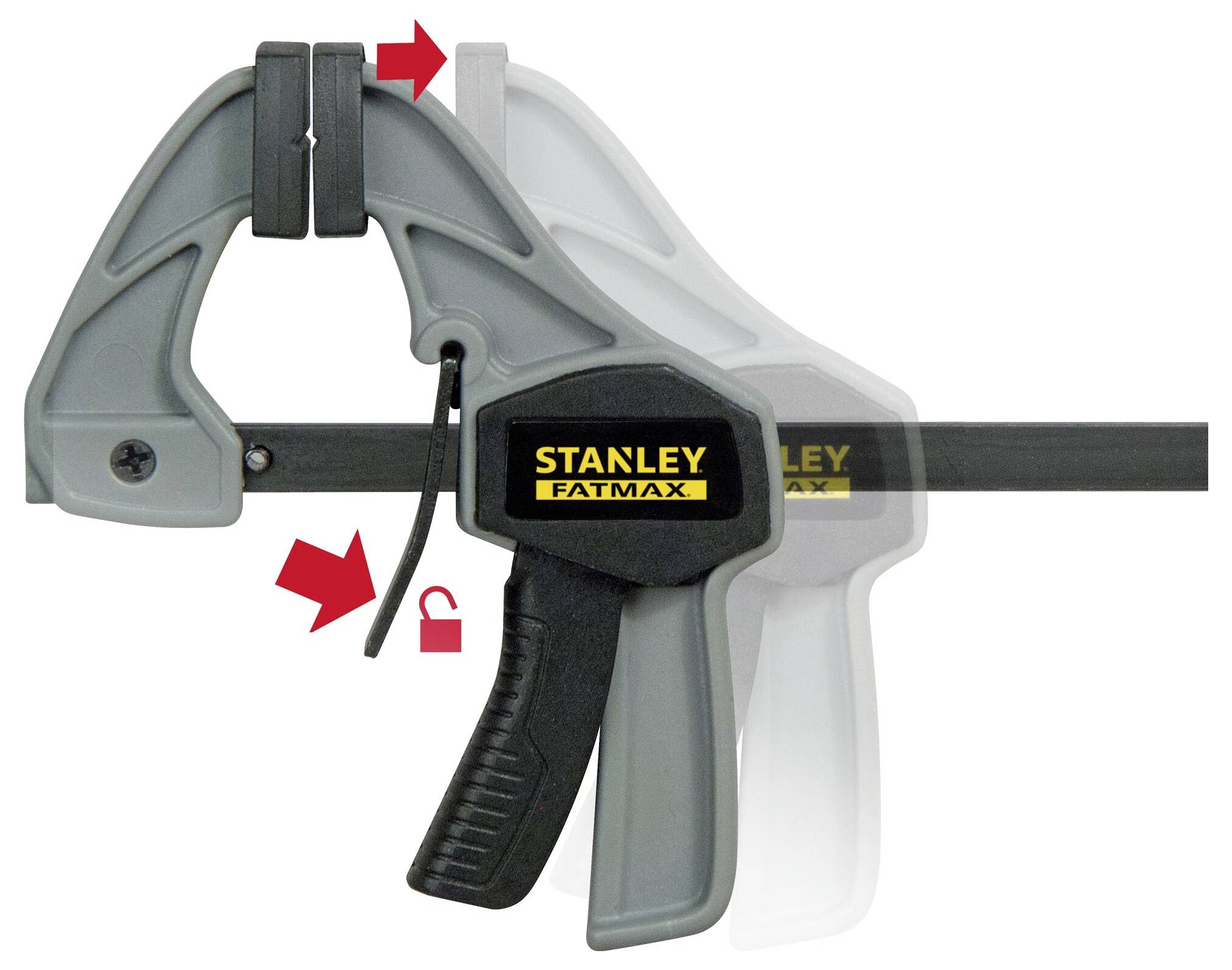 'STANLEY FATMAX' Samenknijper; grijze en zwarte klem met hefboom, rode pijlen tonen spanmechanisme en vergrendeling.