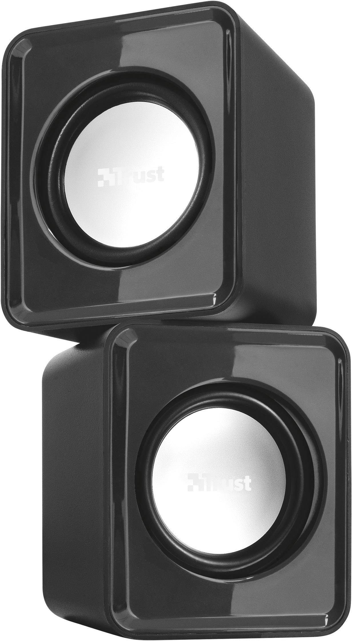 Twee zwarte luidsprekers met zilveren ringen, verticaal gestapeld, met een stijlvol design.