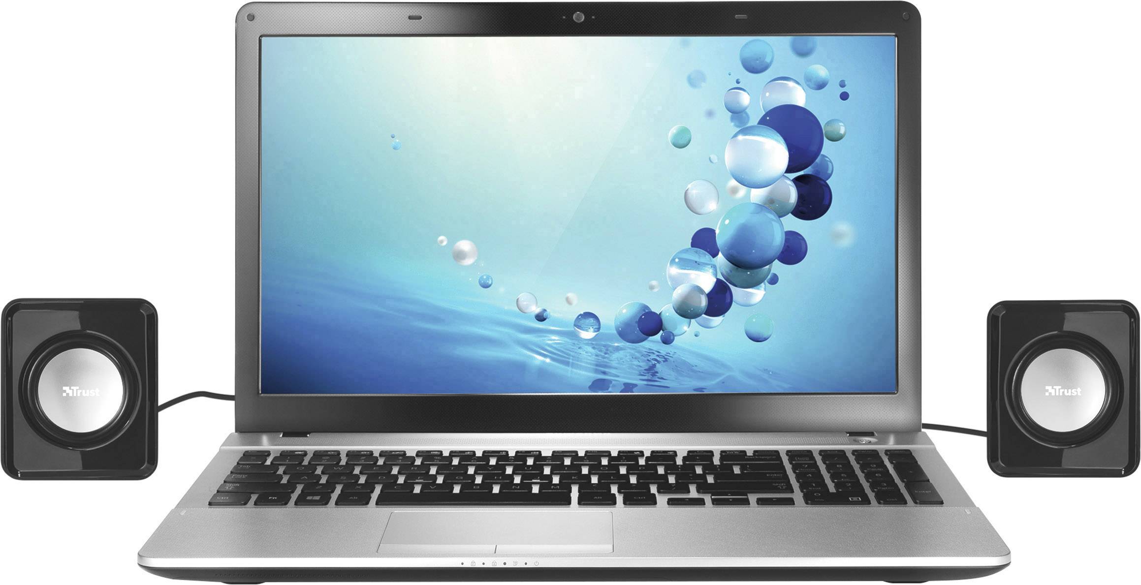 Een laptop met een blauwe schermbeveiliging en twee aangesloten speakers aan weerszijden.
