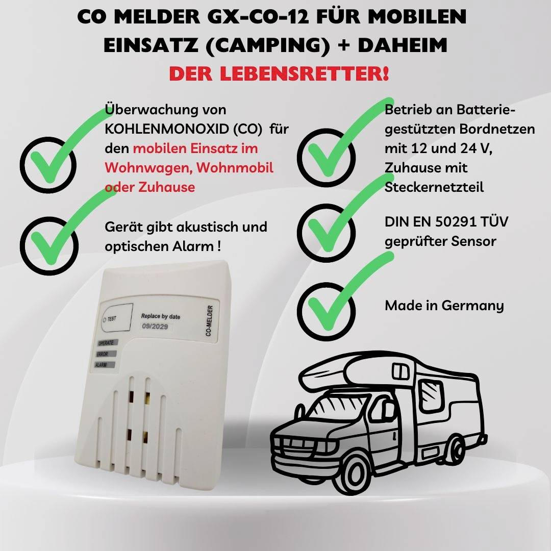 'CO-melder GX-CO-12 voor mobiel gebruik. Akoestisch alarm. Voor caravan, camper of thuis. Werkt op 12/24 V batterijen.'