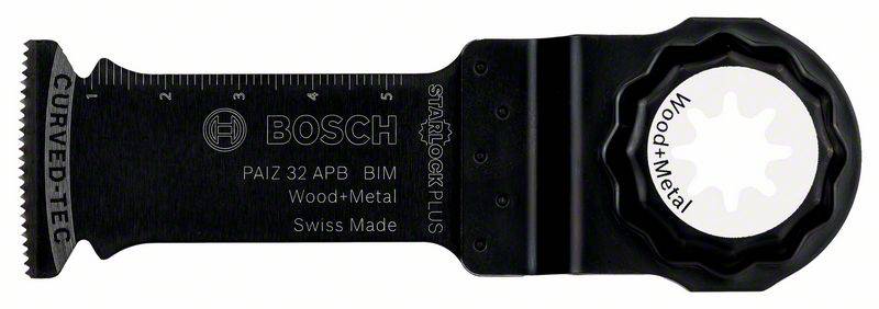 Bosch Starlock Plus zaagblad voor hout en metaal; zwart, met maatschaal en gebogen, getande snijrand.