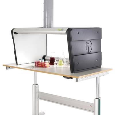 Een in hoogte verstelbare laboratoriumtafel met een beschermende zijkast, waarop reageerbuizen met verschillende vloeistoffen staan.