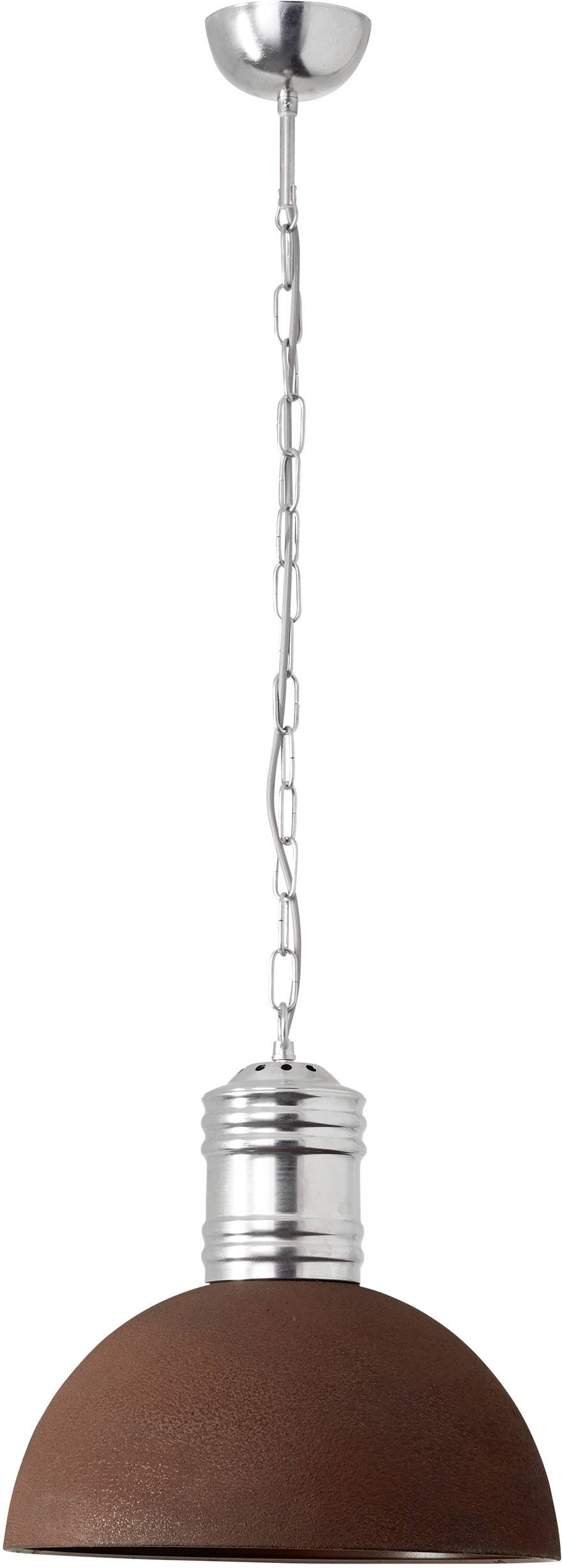 Een bruine hanglamp met zilveren ketting en fitting, bevestigd aan het plafond.