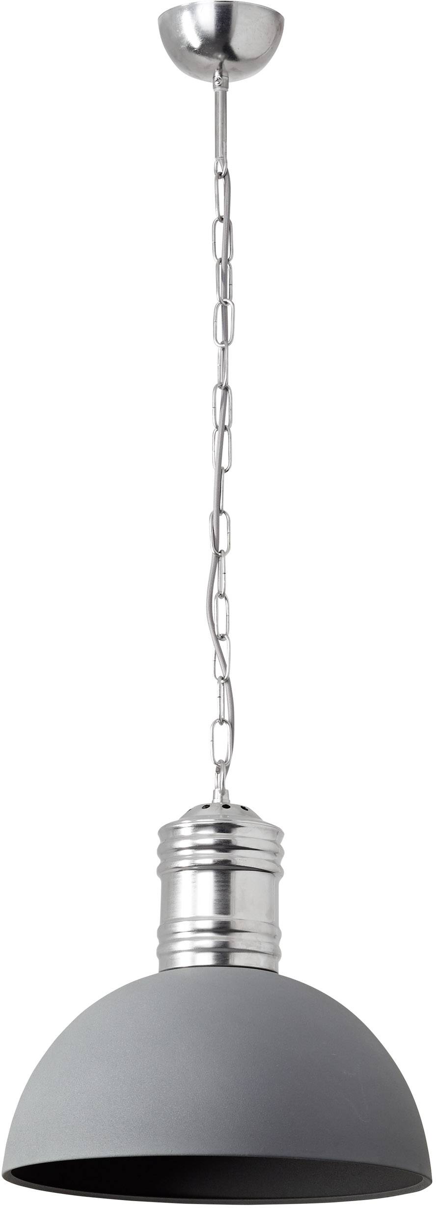 Grijze hanglamp met zilveren metalen accenten en kettingophanging, in industriële stijl. Ideaal voor moderne leefruimtes.