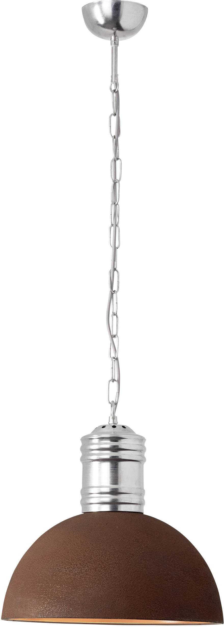 Een hanglamp met zilveren metalen bevestiging en bruine lampenkap, geschikt voor ruimteverlichting.