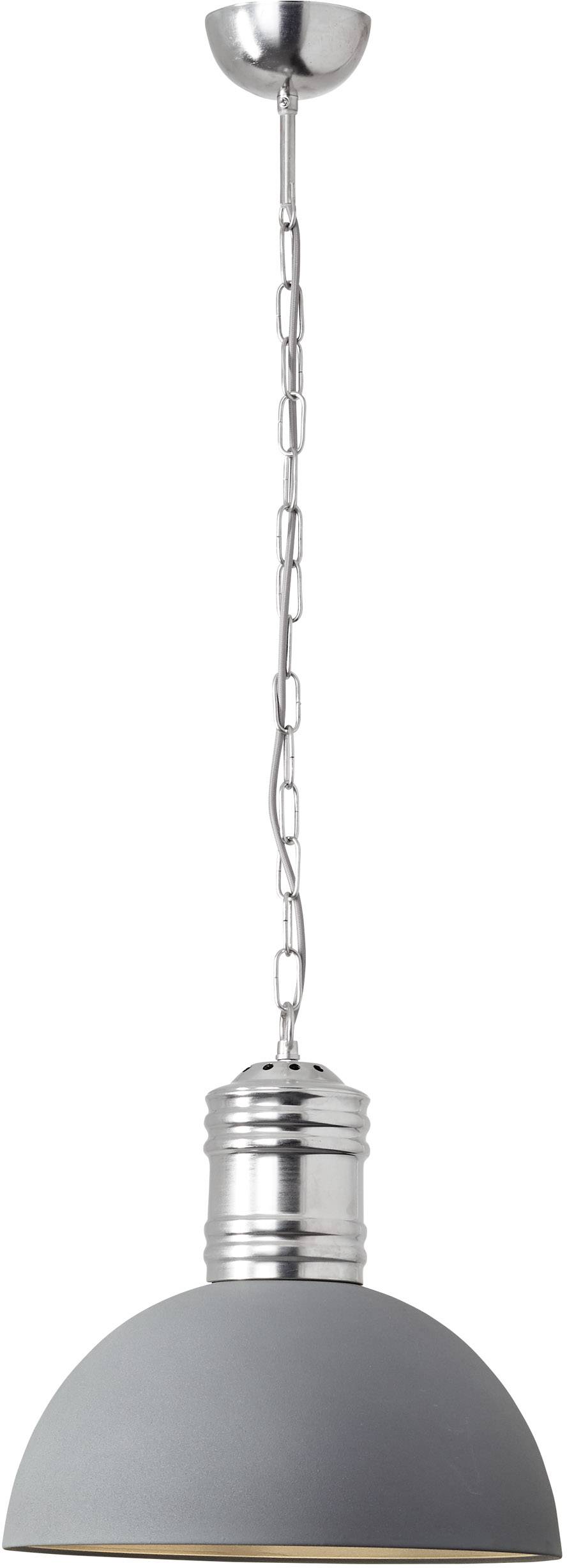 Grijze, halfbolvormige hanglamp met metalen ketting.