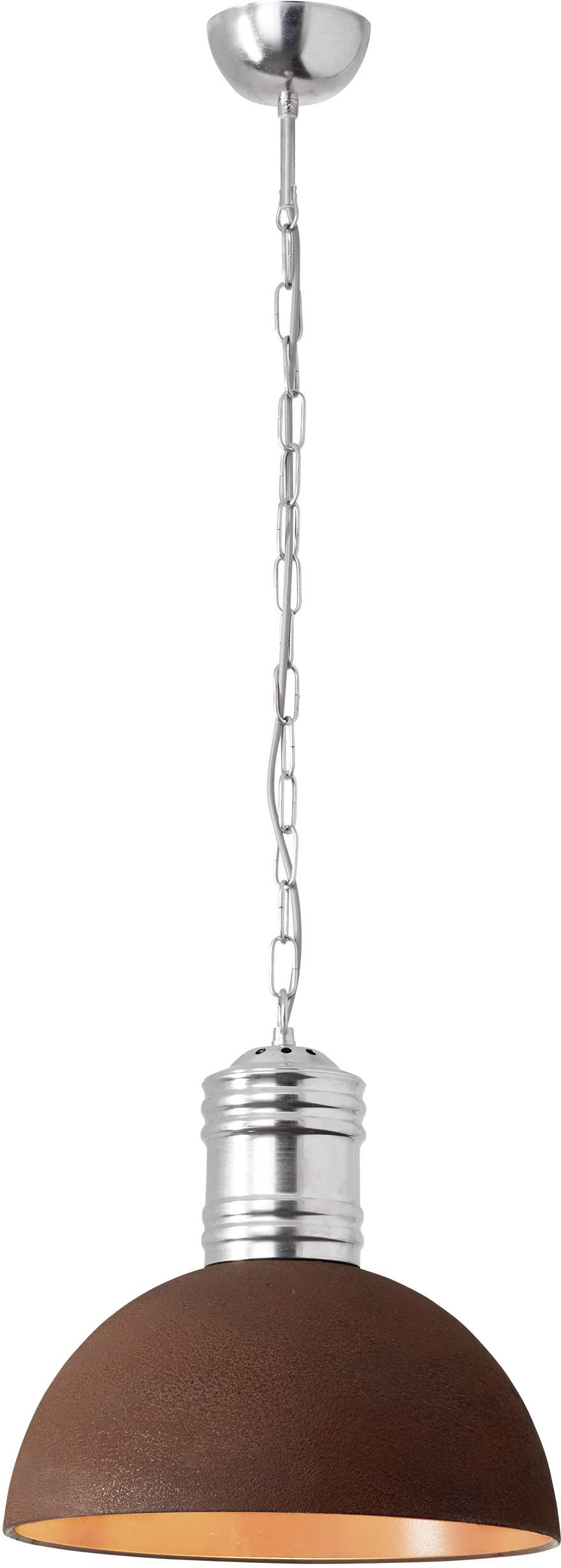 Plafondhanglamp met roestkleurige halve bol en zilveren details, hangend aan een ketting. Ideaal voor industriële ruimte-inrichting.