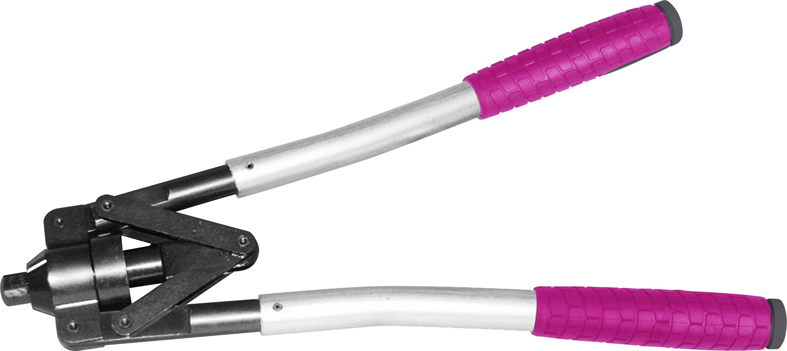 Zilveren nijptang met roze handgrepen, gebruikt voor het bevestigen van klinknagels in materialen.