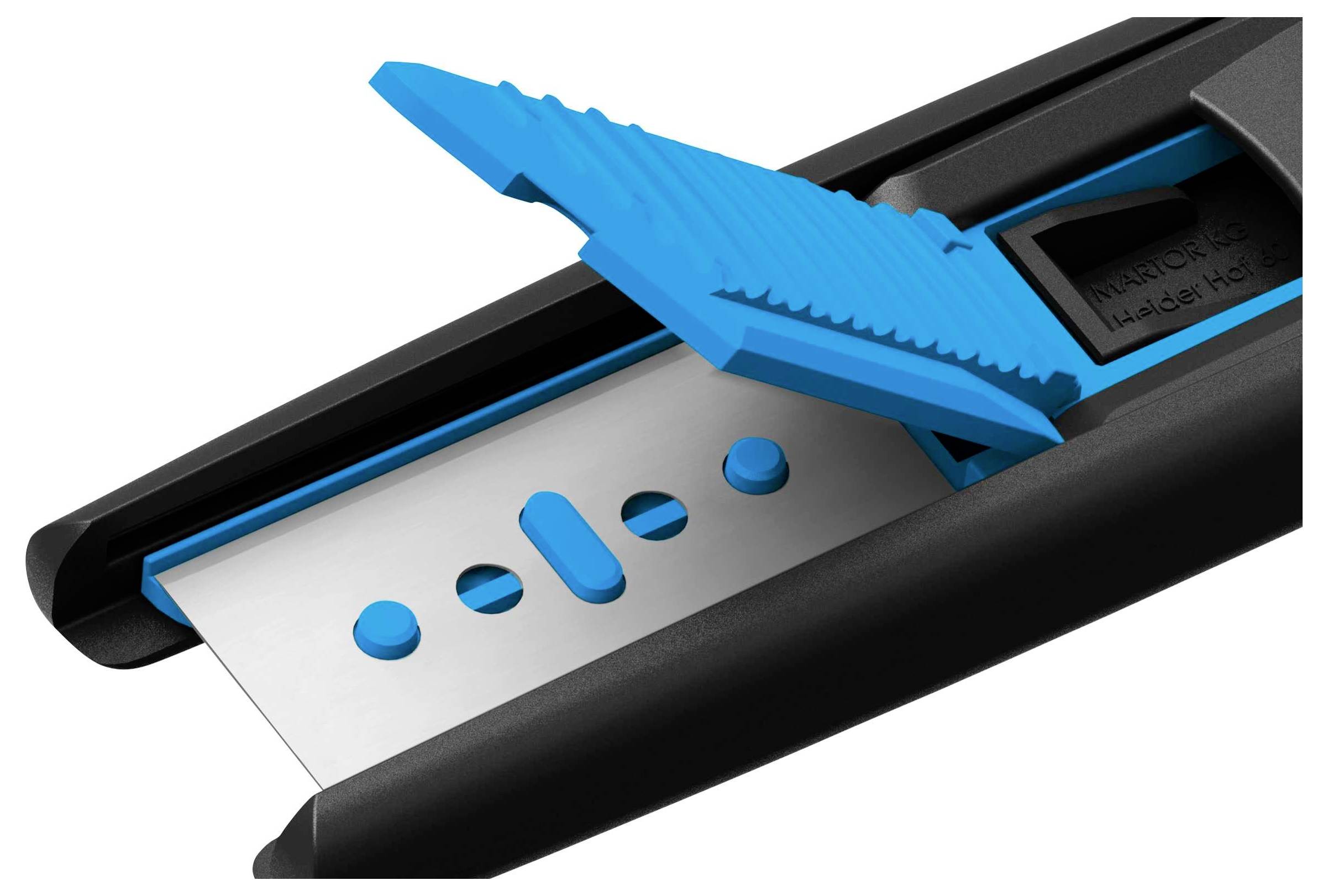 Een open tapijtenmes met een blauwe veiligheidsafdekking toont het ontblote lemmet.