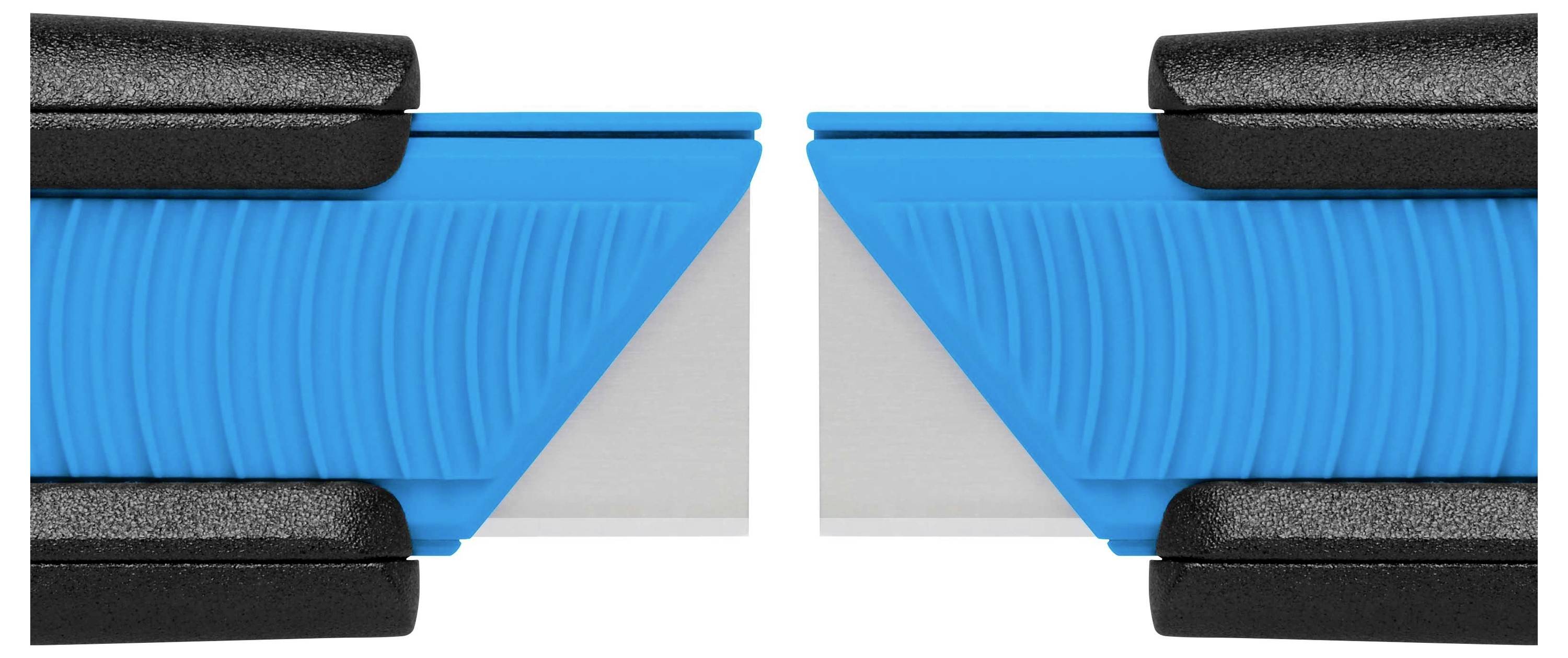 Twee blauwe cuttersmessen, waarvan de punten naar elkaar zijn gericht. De messen weerspiegelen het ontwerp door hun diagonale rangschikking.