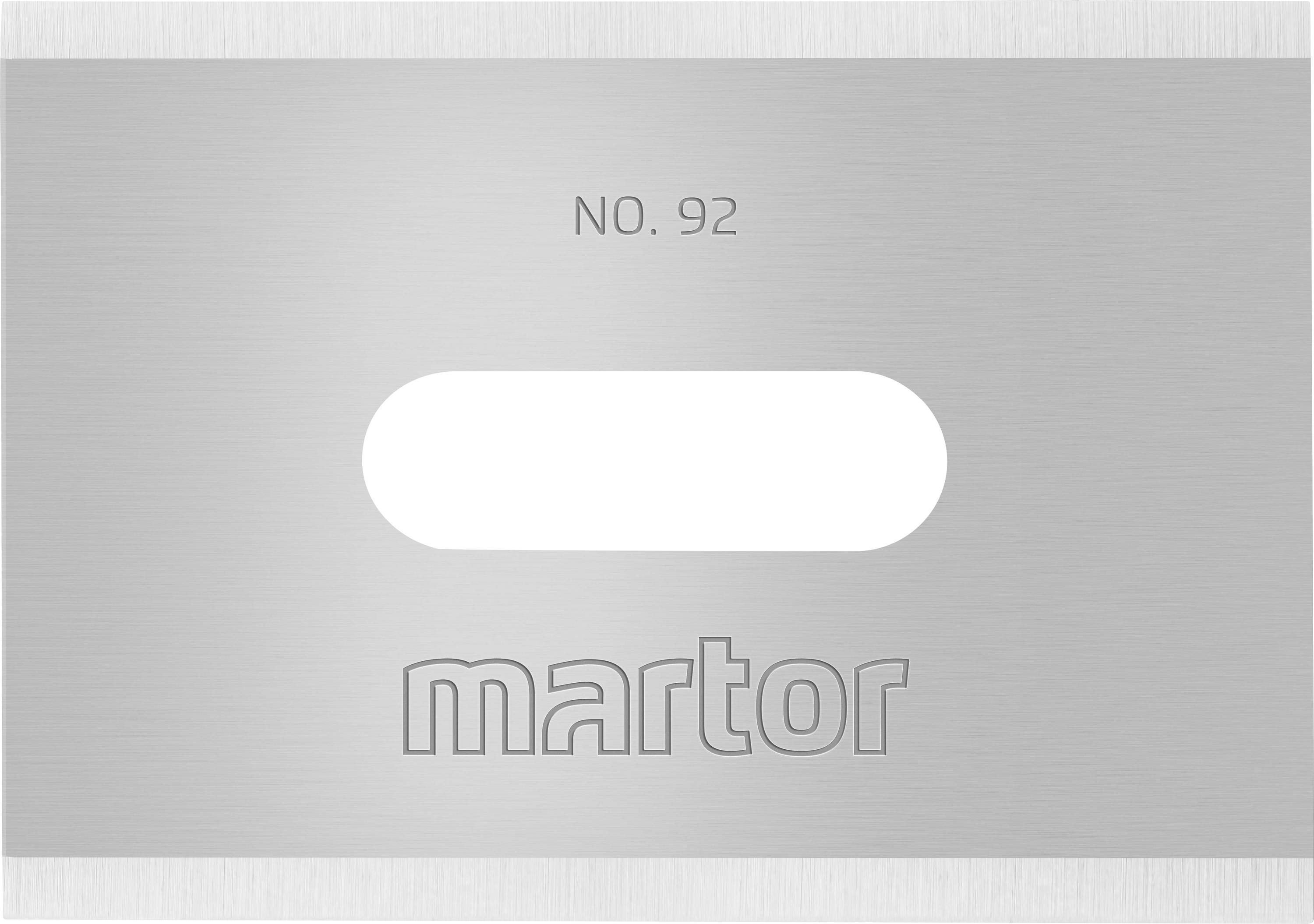 Een zilveren lemmet met de gravure 'NO. 92' bovenaan en 'martor' onderaan in het midden.