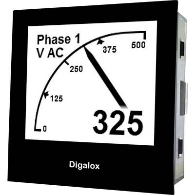 Een digitaal meetapparaat toont 'Fase 1 V AC' met een wijzer op 325. Schaal van 0 tot 500. Merk: Digalox.