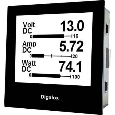 'Weergave van meetwaarden: Volt DC 13,0, Amp DC 5,72, Watt DC 74,1' op een digitaal meetapparaat.
