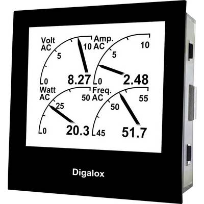 Een digitaal meetapparaat met vier aanwijzingen: 'Volt AC' toont 8,27; 'Amp. AC' toont 2,48; 'Watt AC' toont 20,3; 'Freq. AC' toont 51,7.