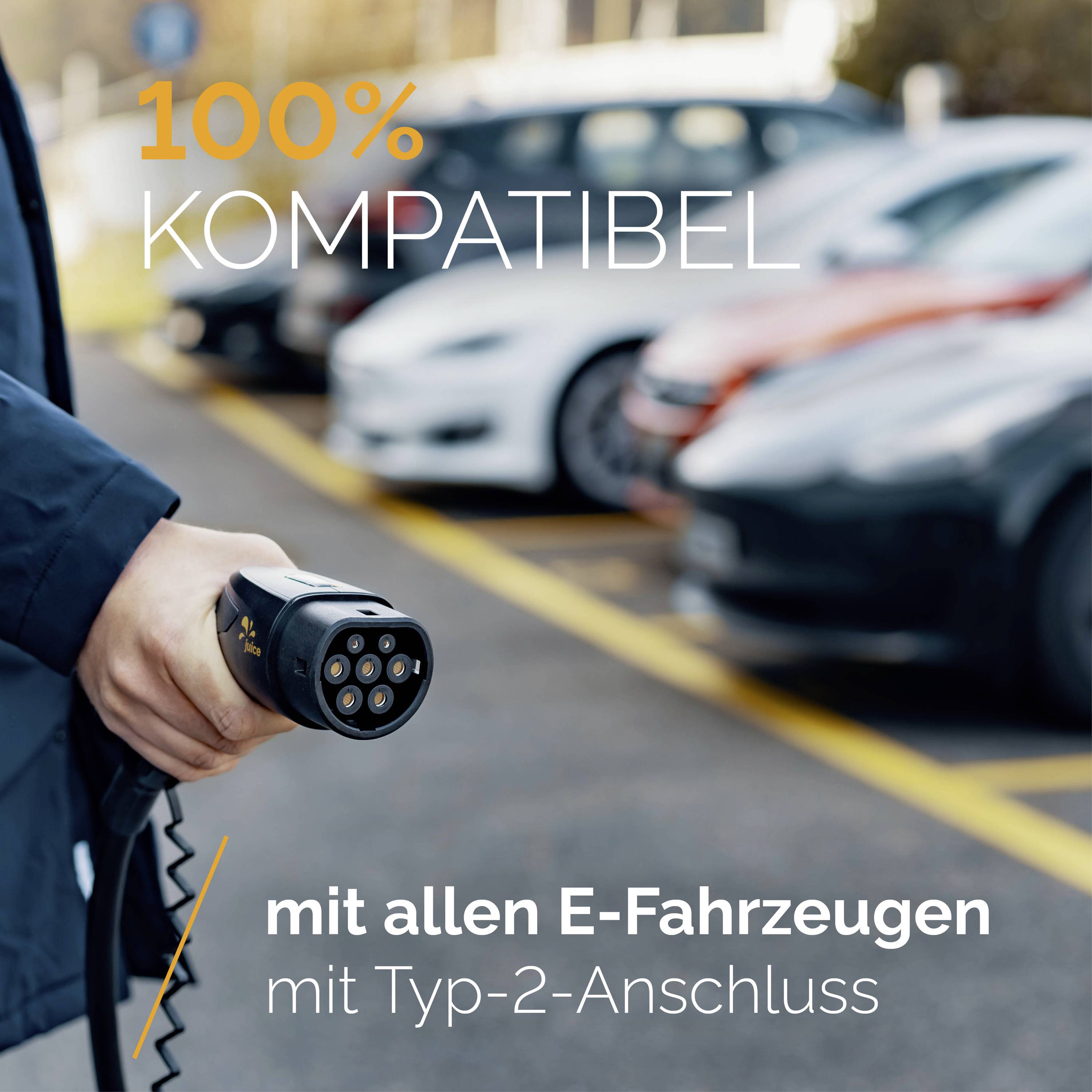 Een persoon houdt een laadstekker vast, met auto's op een parkeerplaats op de achtergrond. Tekst: '100% compatibel met alle elektrische voertuigen met Type-2-aansluiting'.