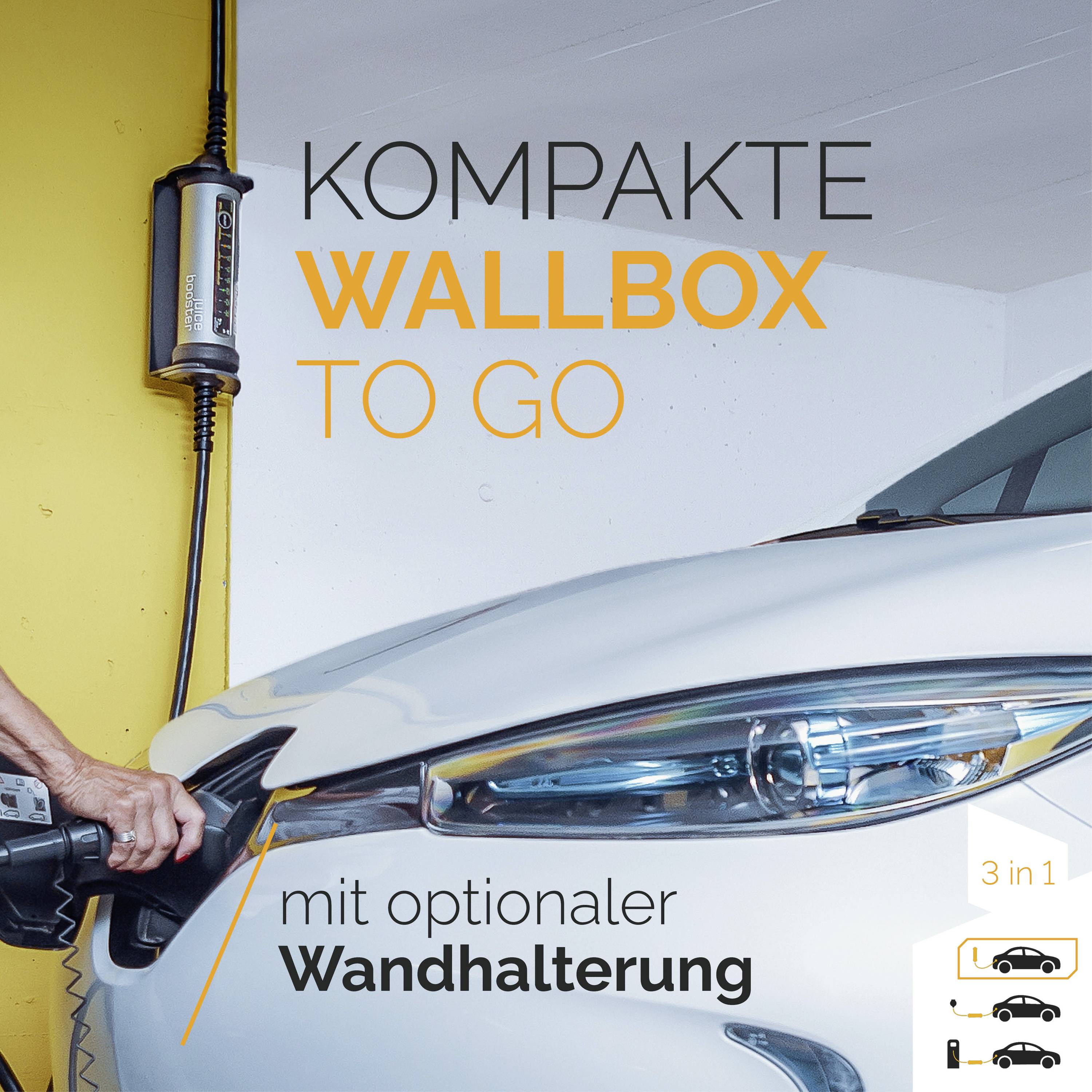 Auto bij het laden aan een wandlaadstation, tekst 'Compacte Wallbox to go' en 'met optionele wandhouder', toont mobiliteitoplossingen.