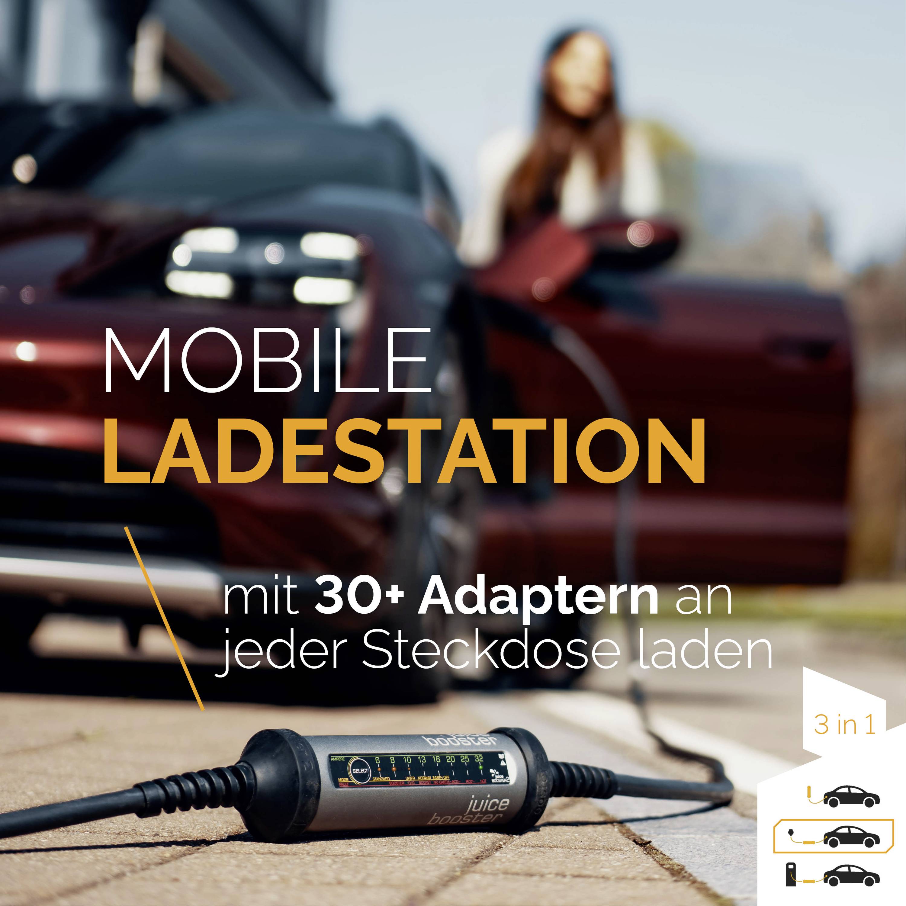 Rode auto wordt opgeladen bij mobiel laadstation met adapter, onscherpe persoon op de achtergrond. Tekst: 'Mobiel laadstation met 30+ adapters'.