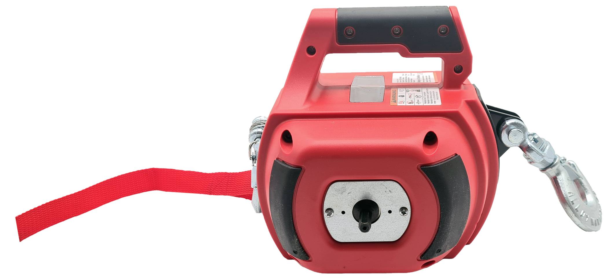 Een rood veiligheidsapparaat met karabijnhaak en gordel, dat wordt gebruikt voor bescherming bij werkzaamheden op hoogte.