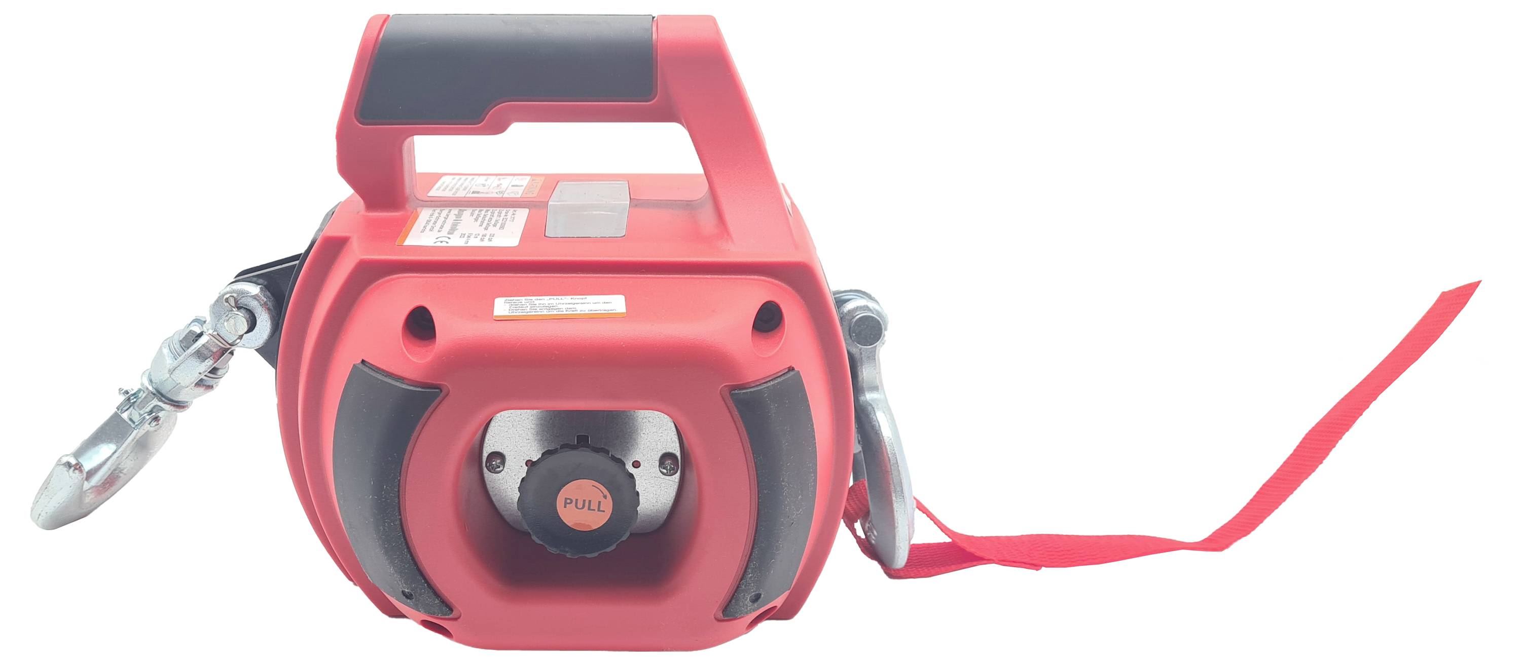 Een rood, draagbaar trekbandgereedschap met een band en een haak, klaar voor bevestiging of verzekering.