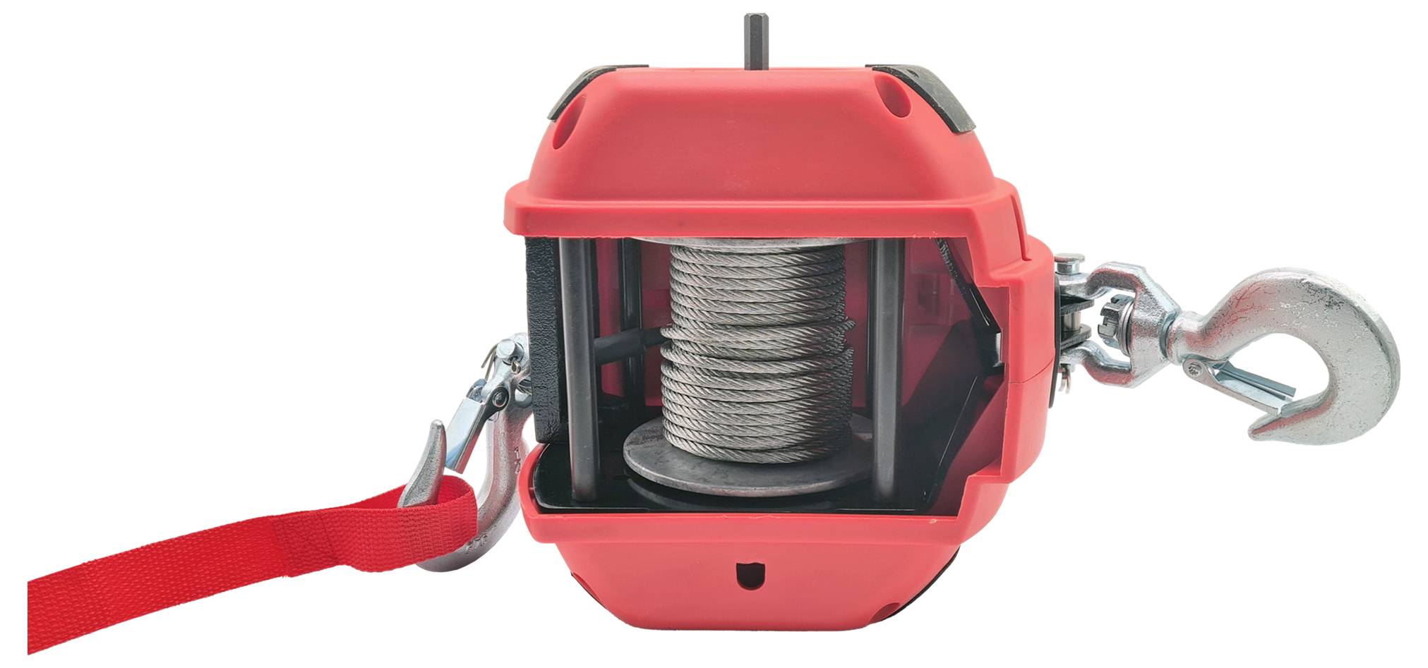 Een rode trekhaak met haak en staalkabel, geschikt voor het optillen of trekken van lasten. De lierrol en metalen haken zijn duidelijk zichtbaar.