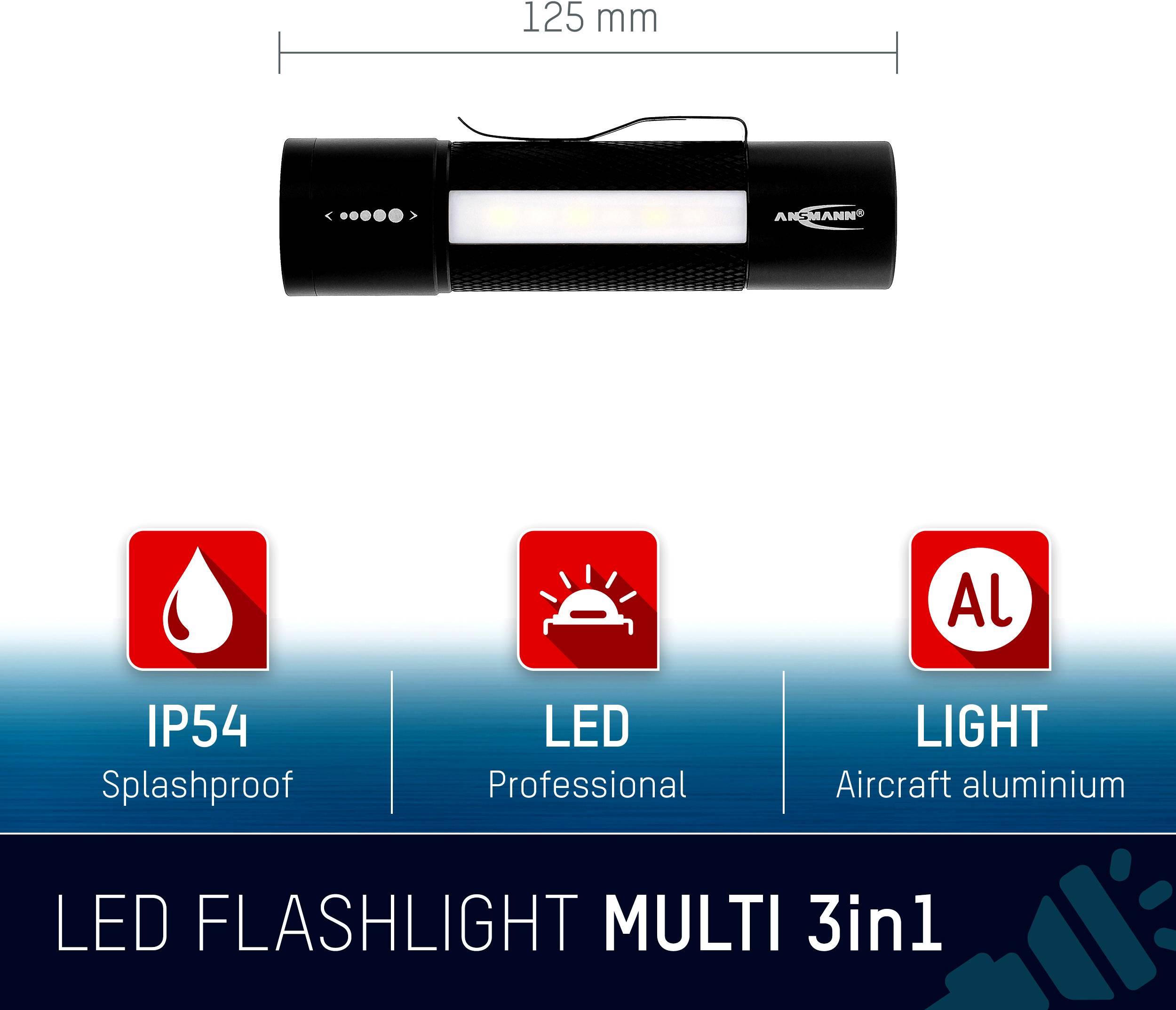 Een LED-zaklamp met de volgende eigenschappen: spatwaterdicht (IP54), professioneel LED-licht, aluminium behuizing. Lengte: 125 mm.