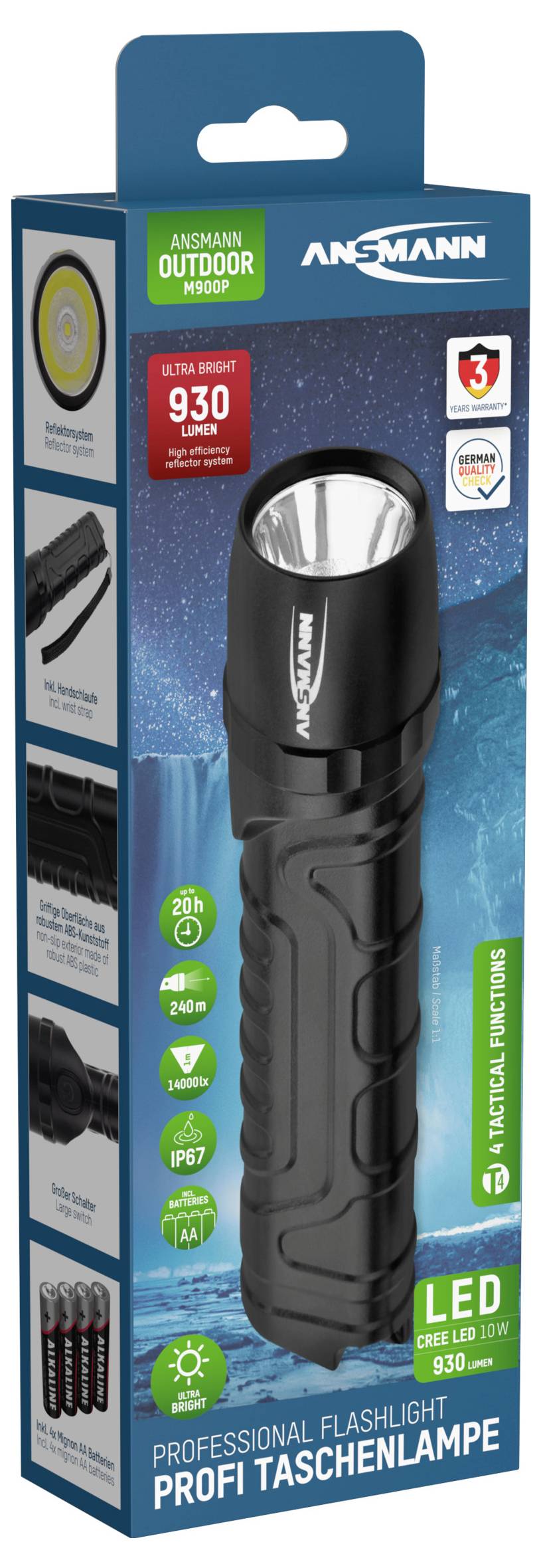 Zwarte LED-zaklamp in blauwe verpakking met het logo 'Ansmann'. Helderheid: 930 lumen. Waterdicht. Werkt op batterijen.