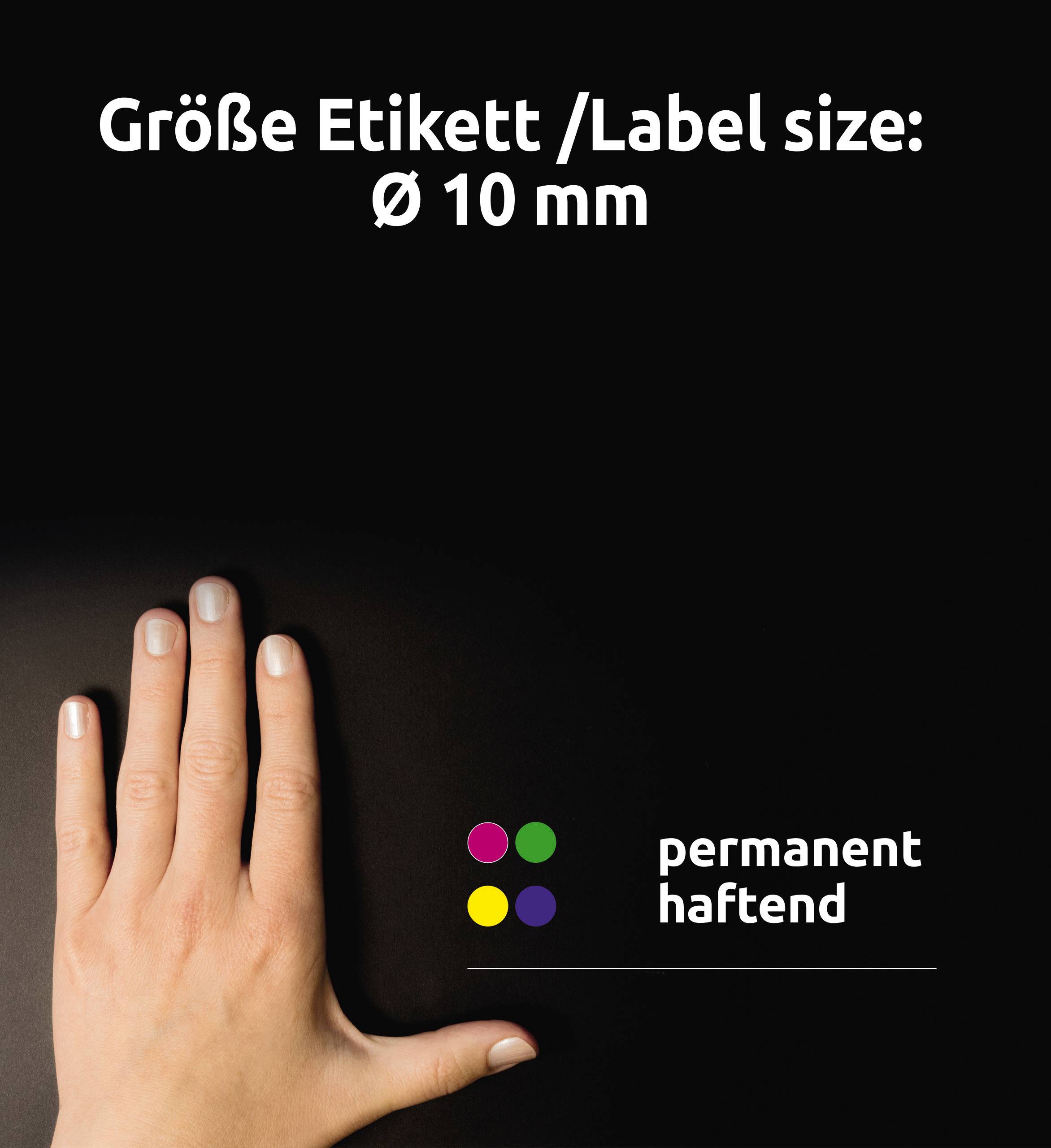 'Maatgrootte etiket: Ø 10 mm' staat bovenaan. Links is een hand zichtbaar. 'Permanent hechtend' staat naast gekleurde stippen onderaan.