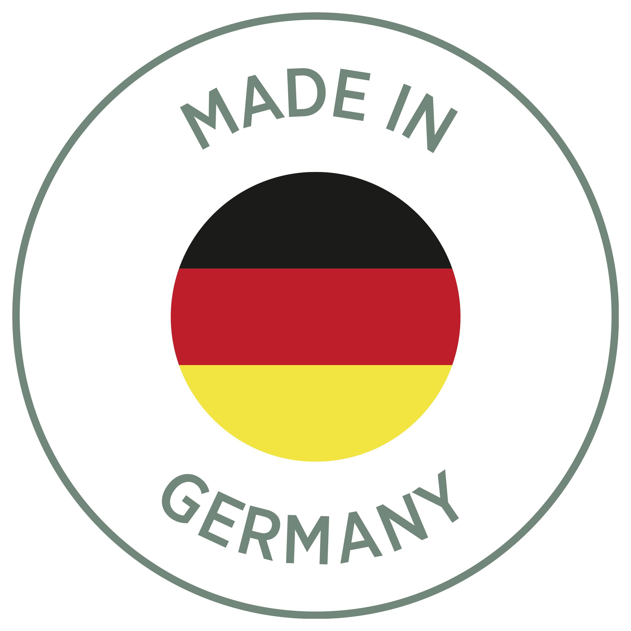 Rond zegel met Duitse vlag in het midden en de tekst 'MADE IN GERMANY' boven en onder.