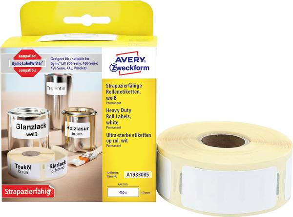 Avery-Zweckform A1933085 Rol met etiketten 19 x 64 mm Folie Wit 450 stuk(s) Permanent hechtend Universele etiketten