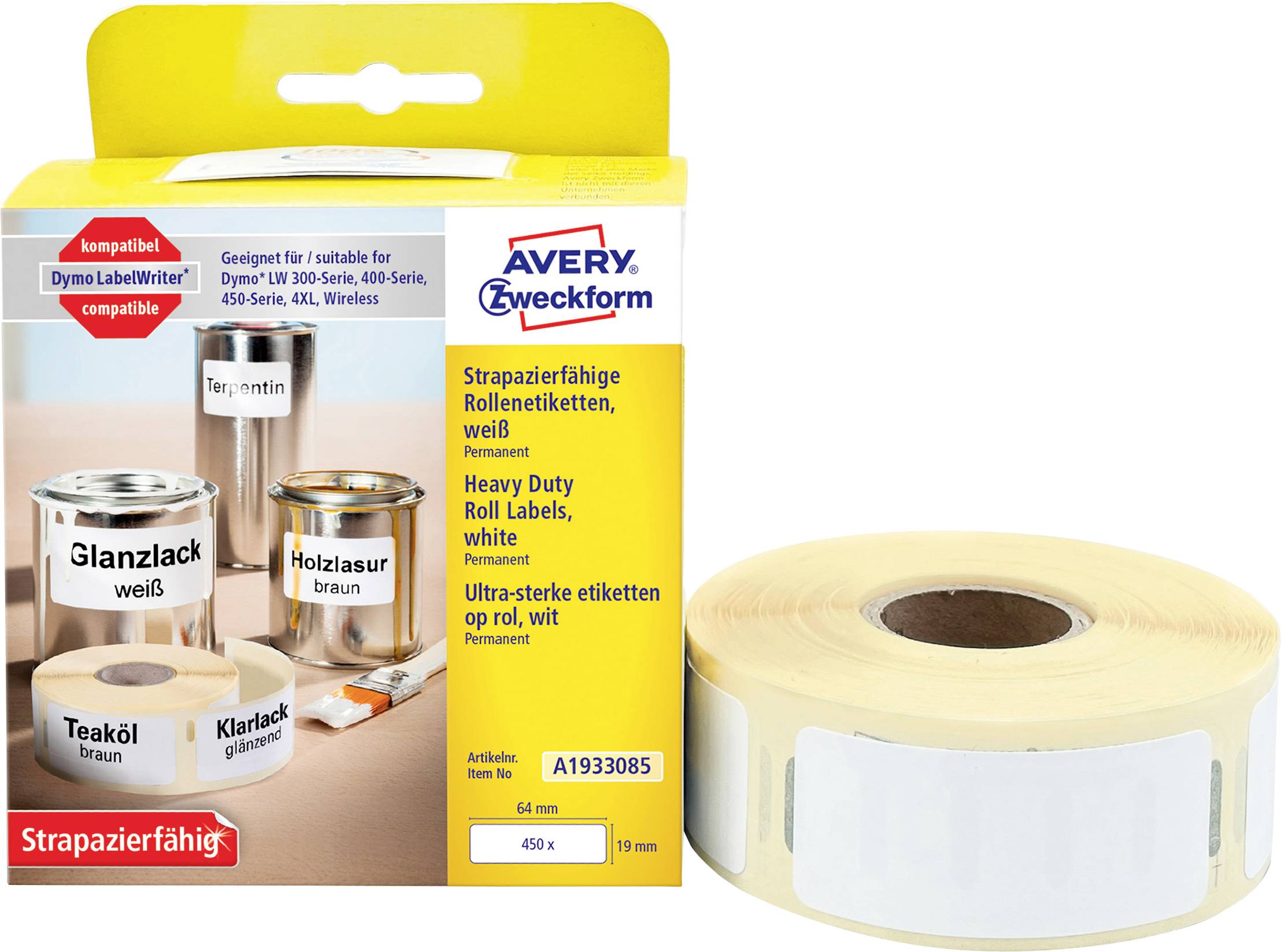 Avery Zweckform rol etiketten verpakking met een grote rol witte zelfklevende etiketten ernaast weergegeven, wat duurzame witte etiketten voor laserprinters aangeeft.
