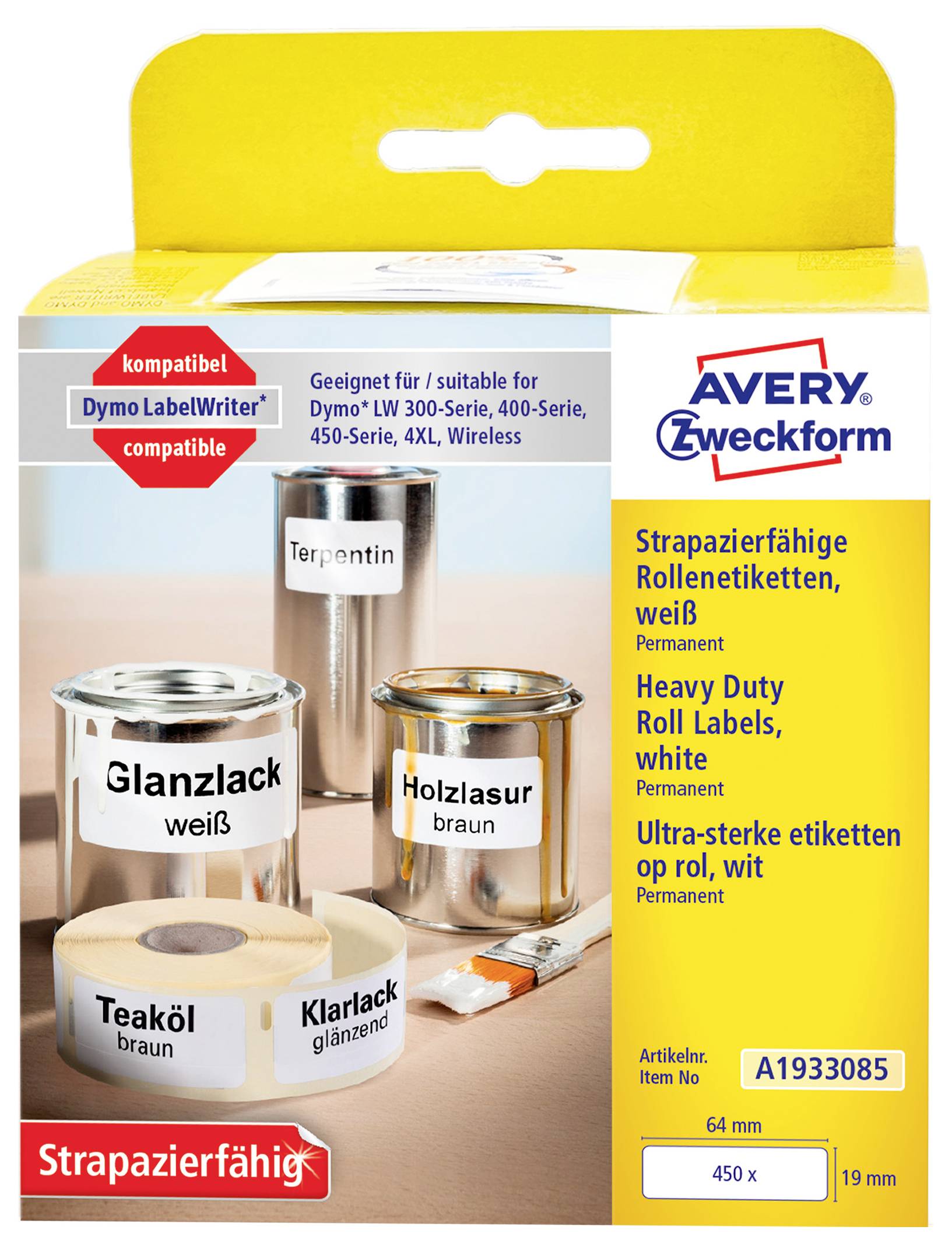 Avery Zweckform zware permanente witte roletikettenset met voorbeeldetikettten op verfblikken en een kwast; compatibel met Dymo LabelWriter.