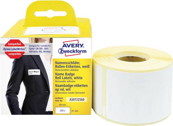 Avery-Zweckform Rol met etiketten Compatibel vervangt DYMO 11356, S0722560 41 x 89 mm Folie Wit 200 stuk(s) Weer verwijderbaar Naametiketten AS0722560