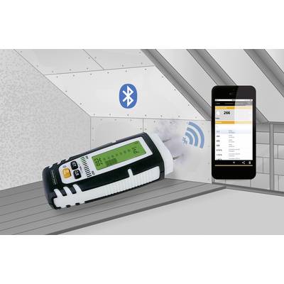 Een digitale vochtigheidsmeter stuurt gegevens naar een smartphone. Het scherm toont 26,6%. Het Bluetooth-symbool wijst op een verbinding.