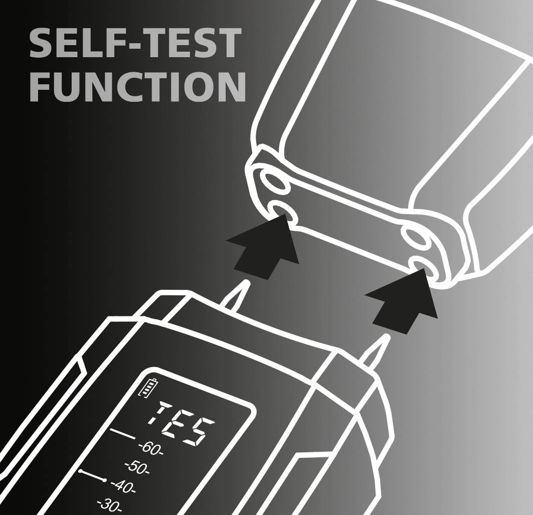Zwart-wit diagram van een apparaat met zelftest-functie, toont display en aansluitingen. Tekst: 'ZELFTEST-FUNCTIE'.