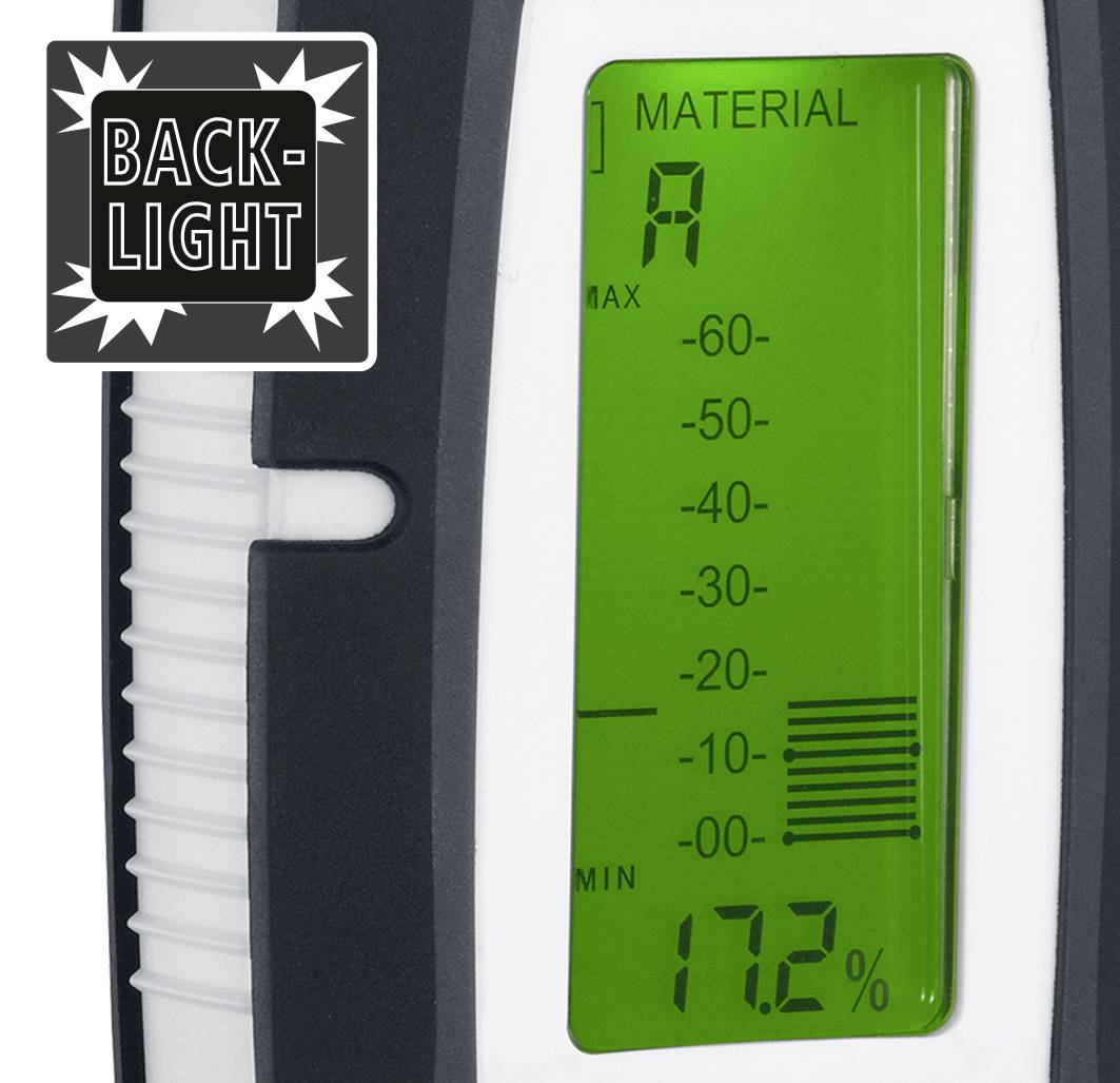 'Vochtmeter met groen verlicht display toont 17,2% vochtigheid. Opschrift "BACK-LIGHT" linksboven.'