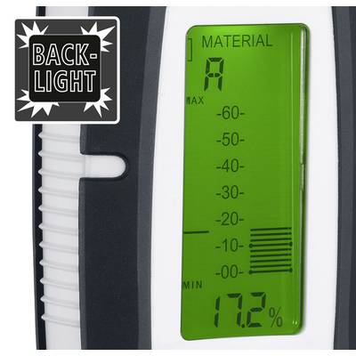 'Vochtmeter met groen verlicht display toont 17,2% vochtigheid. Opschrift "BACK-LIGHT" linksboven.'