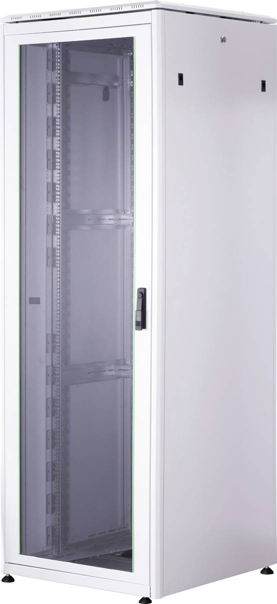 Een witte netwerk- of serverrack-kast, staand met glazen deur, geschikt voor het onderbrengen van IT-apparatuur in een datacenter.