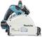 Draadloze handcirkelzaag van Makita, accumodel, wit en blauw, zijaanzicht.