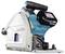 Makita handcirkelzaag, model met blauwe en witte behuizingskleur, ergonomische handgreep en 18V-accu bovenaan gemonteerd.