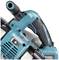 Elektrische zaag van Makita met borstelloze motor, blauw met zwarte handgrepen en witte schakelaars, geschikt voor nauwkeurige zaagsneden.