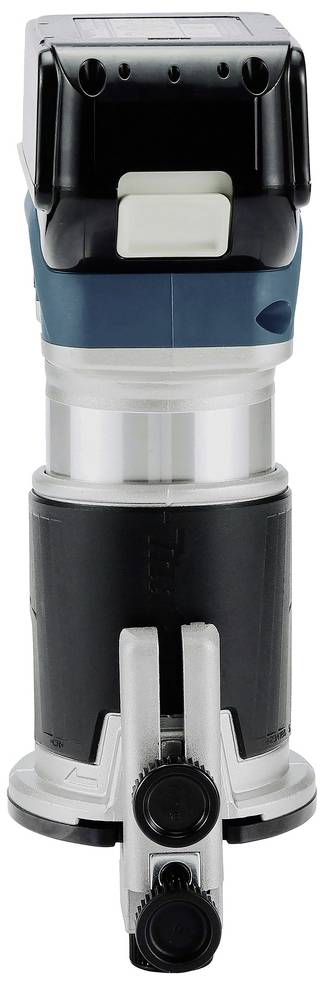 Een compacte, draagbare elektrische freesmotor in blauw en zwart, met instelregelaar en bevestiging voor tafelgebruik.