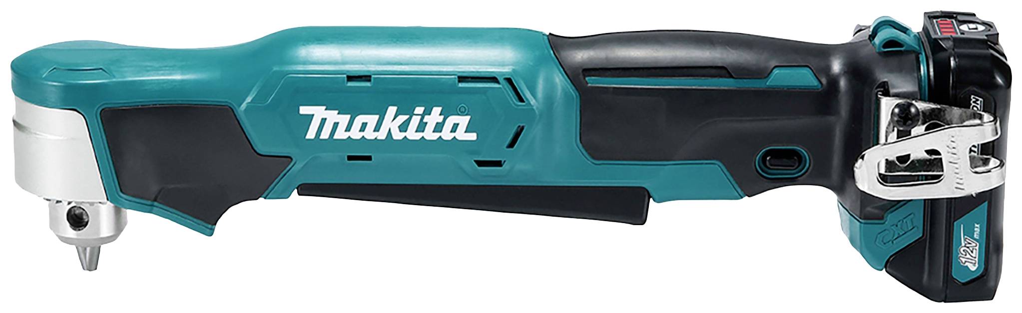 Makita accuschroevendraaier in zijaanzicht, zwart-turquoise, met accu en haakse opzetstuk, geschikt voor moeilijk bereikbare plaatsen.