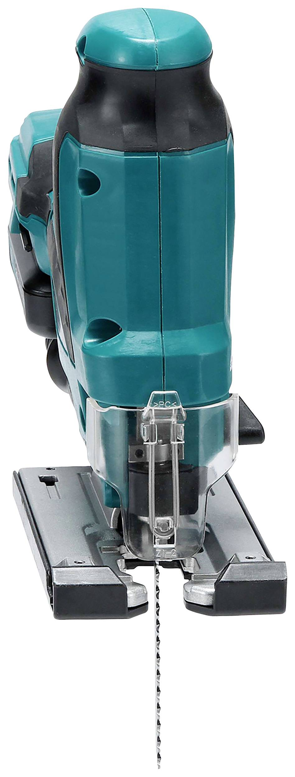 Elektrische decoupeerzaag in blauwgroen, gefotografeerd van voren, met zichtbaar zaagblad en ergonomische handgreep.