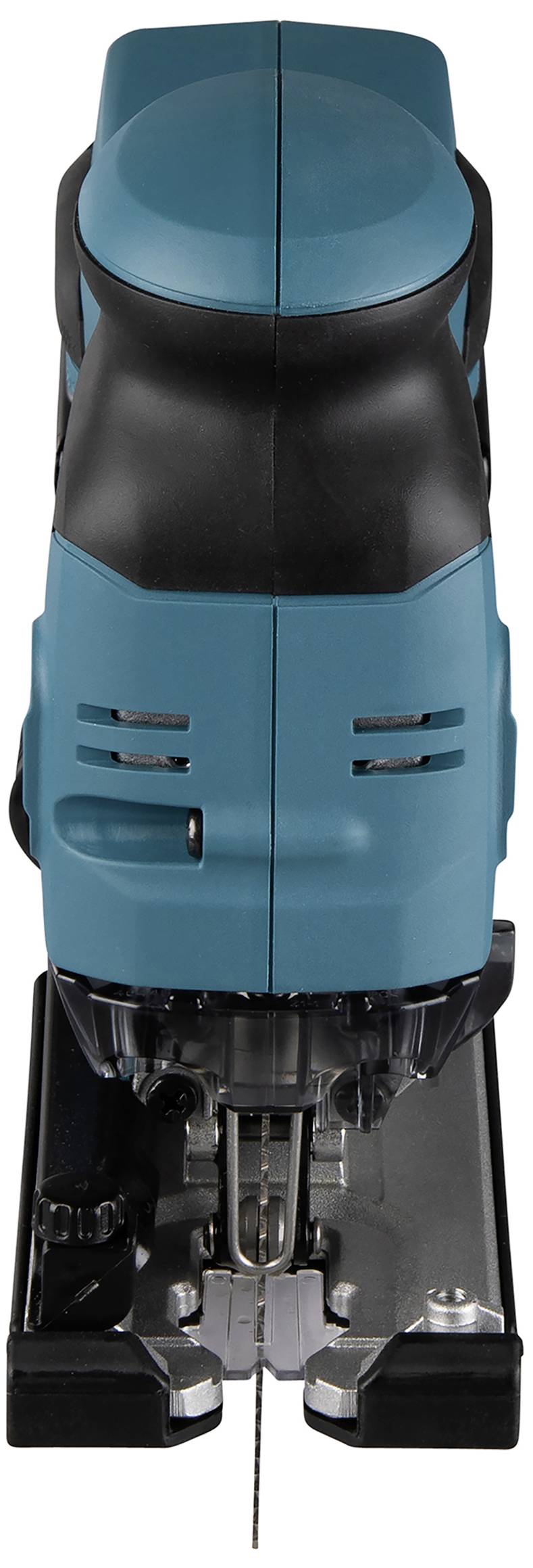 Een elektrische decoupeerzaag met een blauw behuizing en zwarte handgreep, frontaal gefotografeerd.