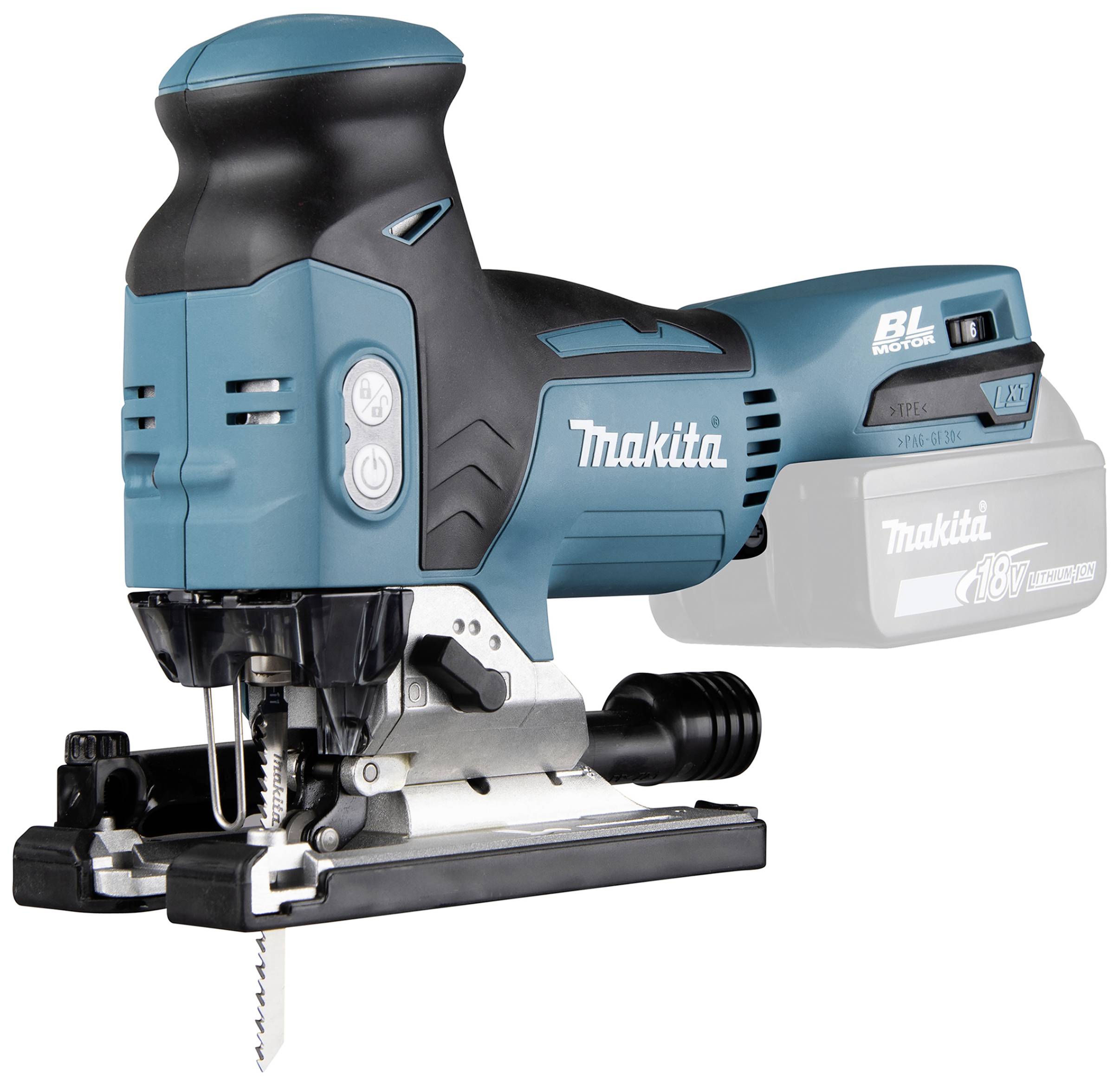 Een blauwe en zwarte Makita decoupeerzaag met Li-Ion accu, zonder snoer. Hij staat ingeschakeld op een werkoppervlak.